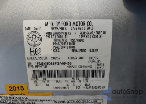 2015 Ford Explorer Xlt z USA, uszkodzony, nr VIN 1FM5K8D88FGA05456